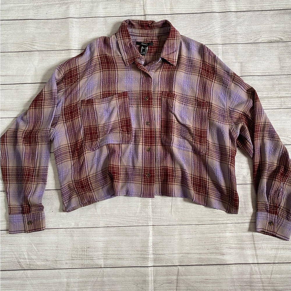 Forever 21 Brown and Purple Boxy Crop Button Down Shirt NWT - Picture 2 of 6